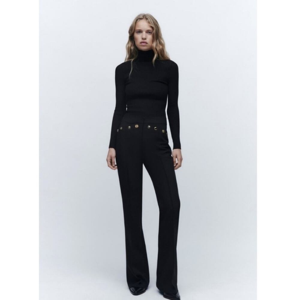 NWT Zara gold metal buttoned black flared pants - Large